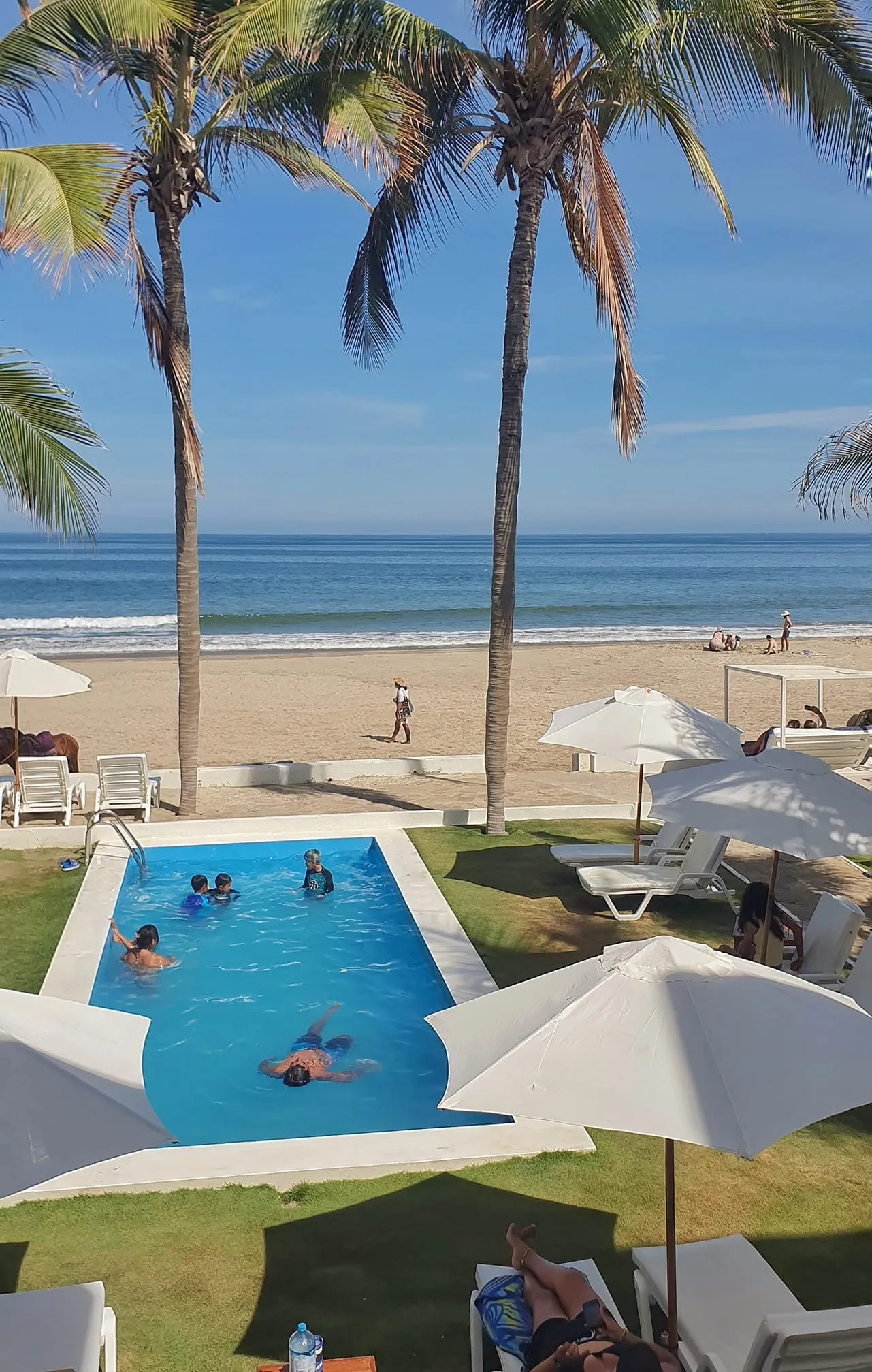 Piscina entre palmeras junto a la playa, con sombrillas blancas, reposeras y el mar al fondo